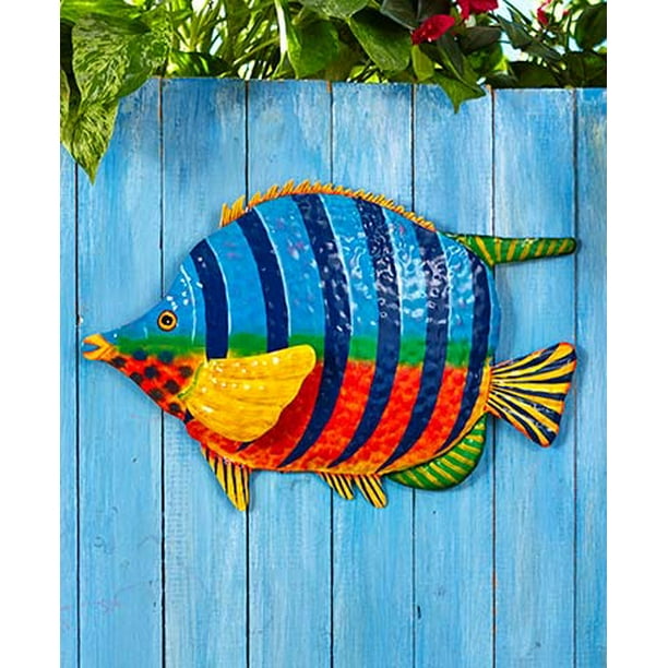 Handmade in Haiti 22.5 Inches Sea Life Wall Hanging Plaque Nautical Indoor Outdoor Metal Sculpture Let's Go Fishing 